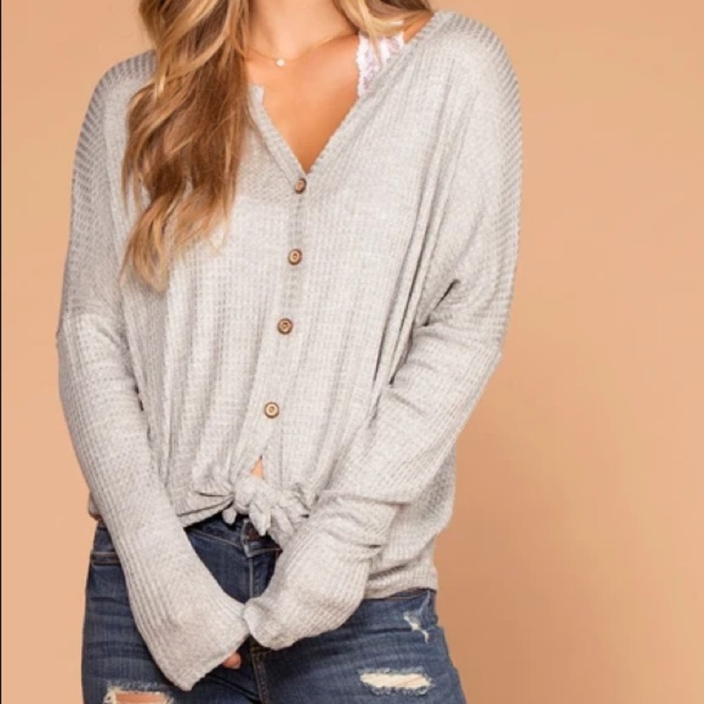 Cream Tie-Front Waffle Knit Long Sleeve